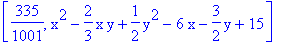 [335/1001, x^2-2/3*x*y+1/2*y^2-6*x-3/2*y+15]